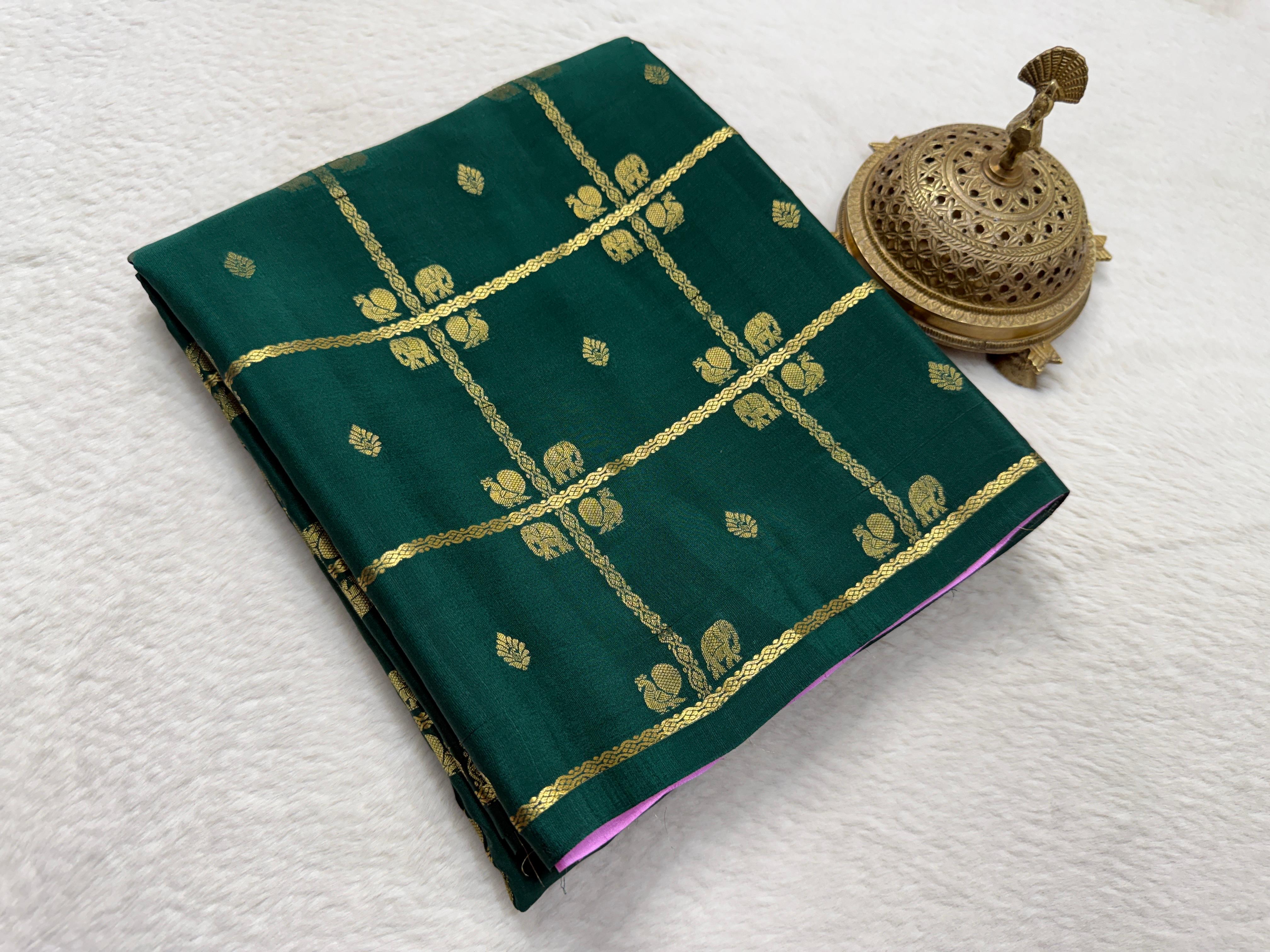 Exclusive Semi Crepe Silk Saree with Borderless Checks, Elephant & Peacock Buttas | Contrast Rich Pallu Saree