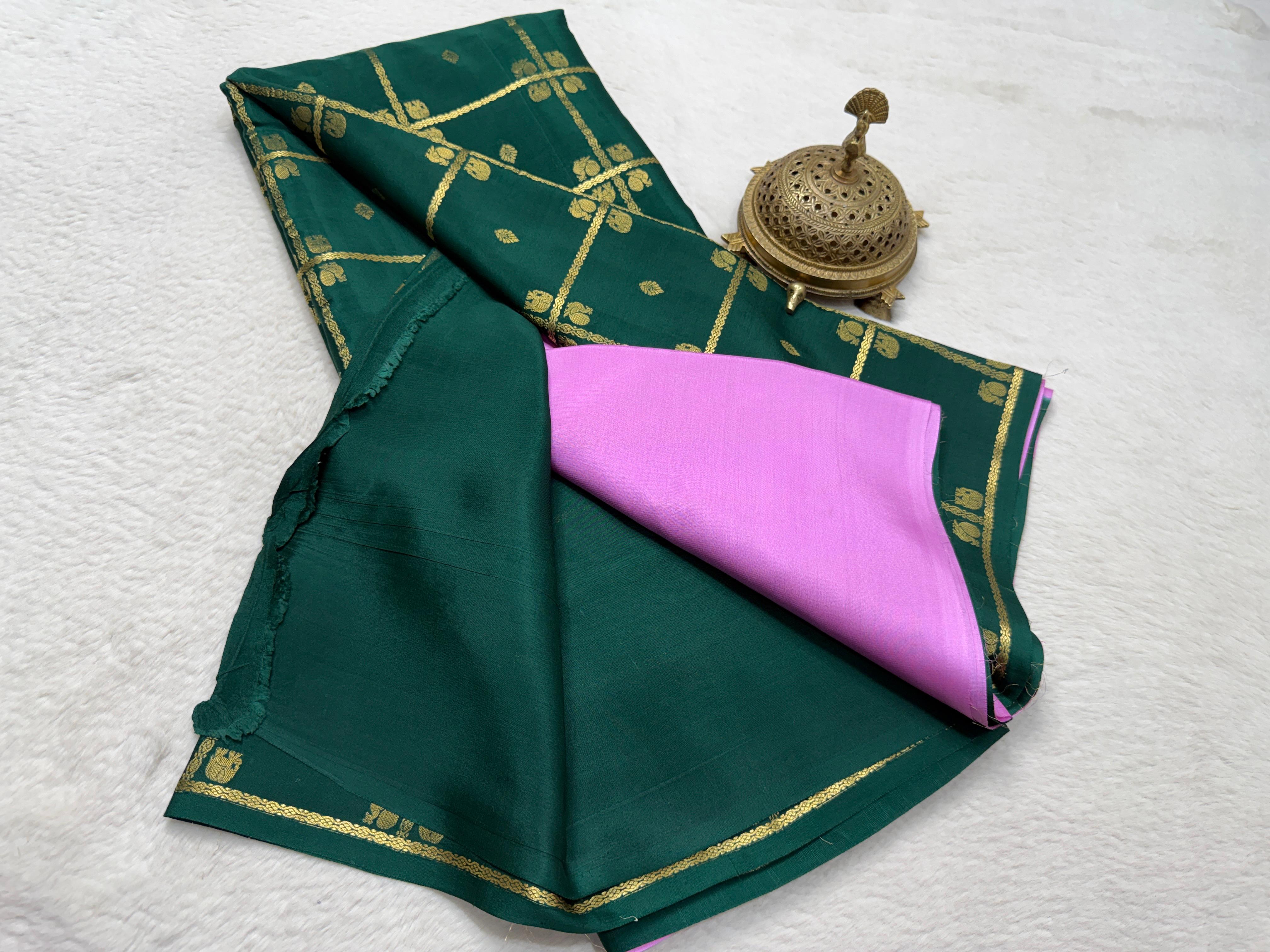 Exclusive Semi Crepe Silk Saree with Borderless Checks, Elephant & Peacock Buttas | Contrast Rich Pallu Saree