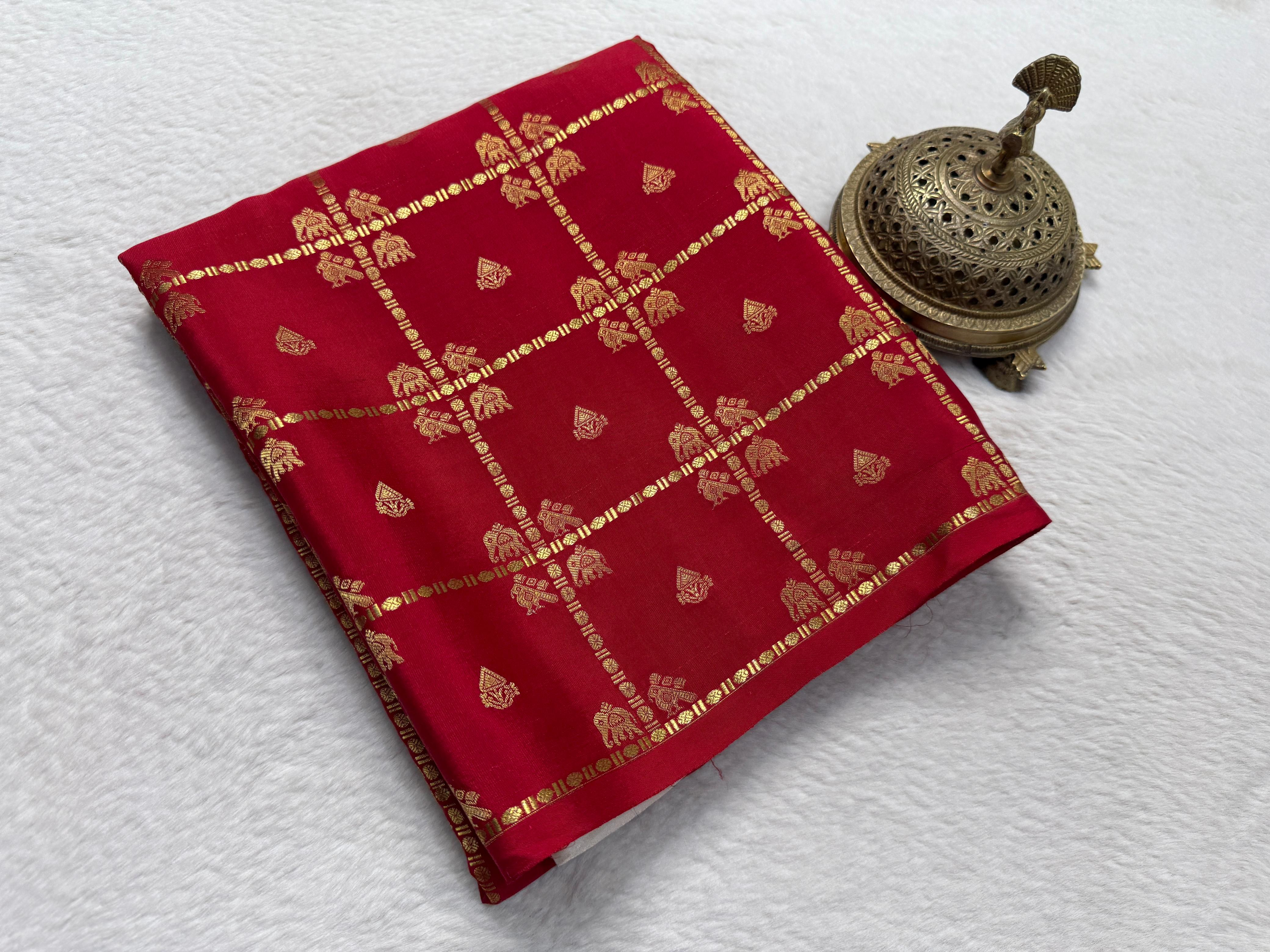 Exclusive Semi Crepe Silk Saree with Borderless Checks, Elephant & Peacock Buttas | Contrast Rich Pallu Saree