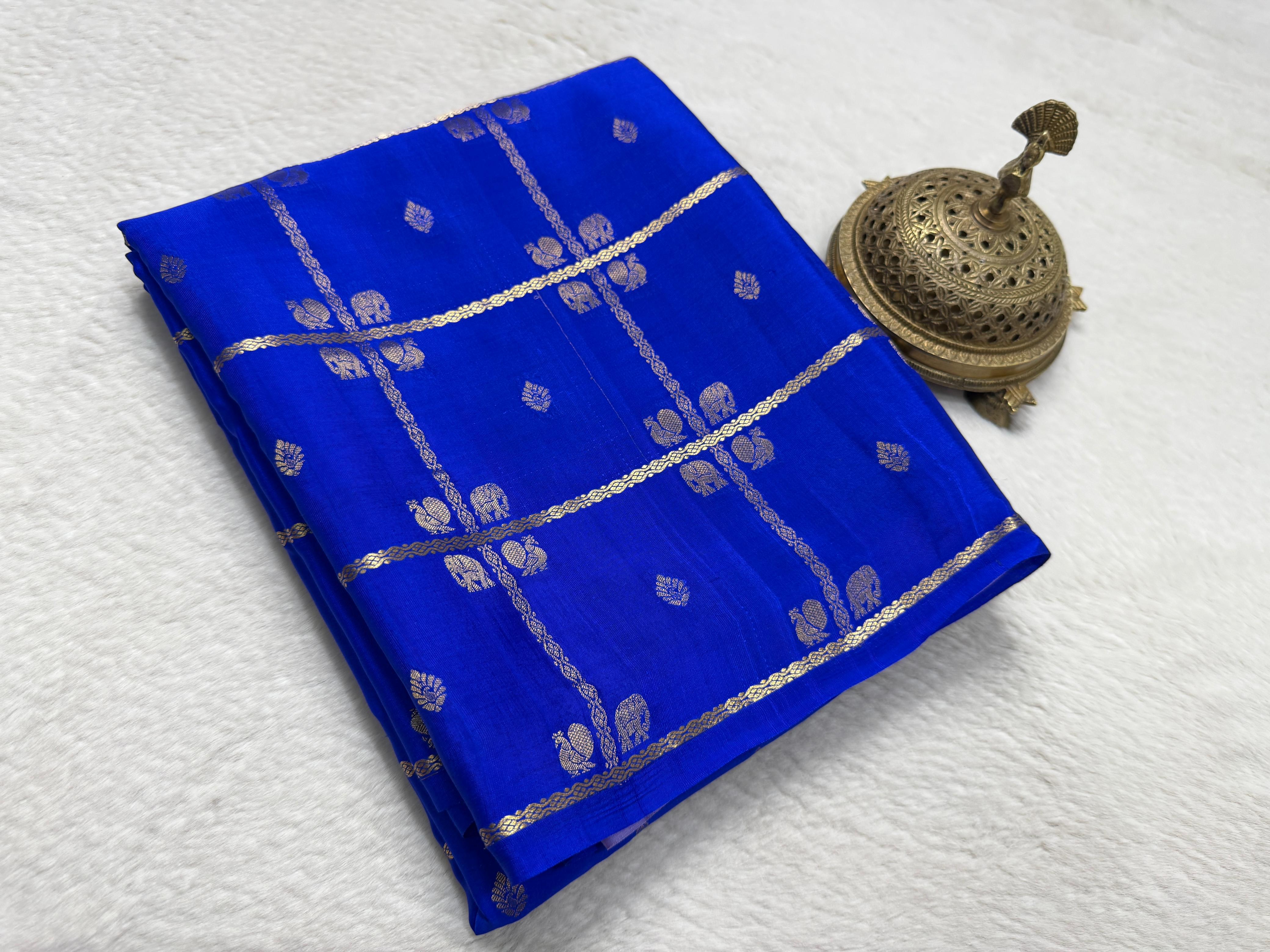 Exclusive Semi Crepe Silk Saree with Borderless Checks, Elephant & Peacock Buttas | Contrast Rich Pallu Saree