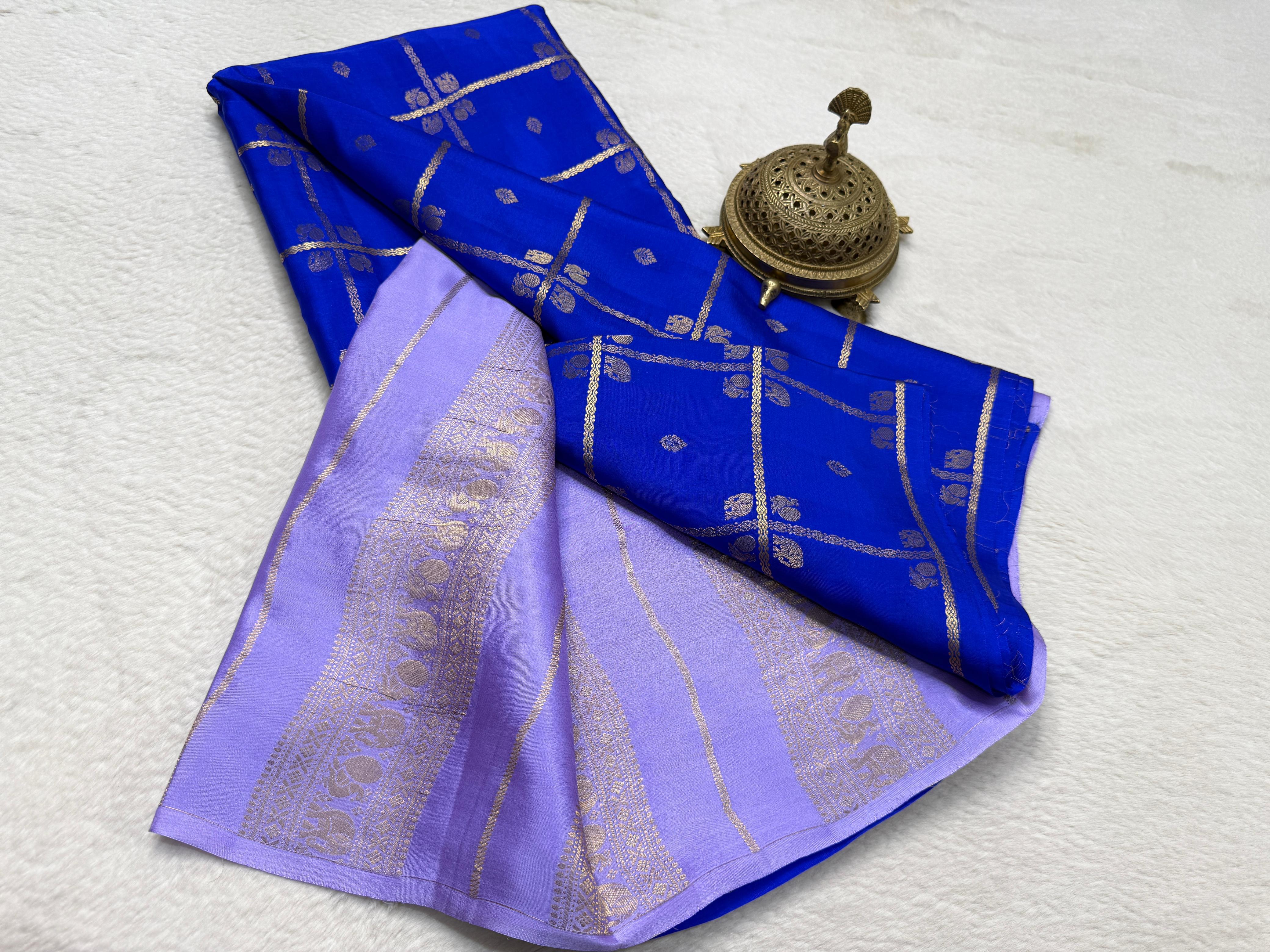 Exclusive Semi Crepe Silk Saree with Borderless Checks, Elephant & Peacock Buttas | Contrast Rich Pallu Saree