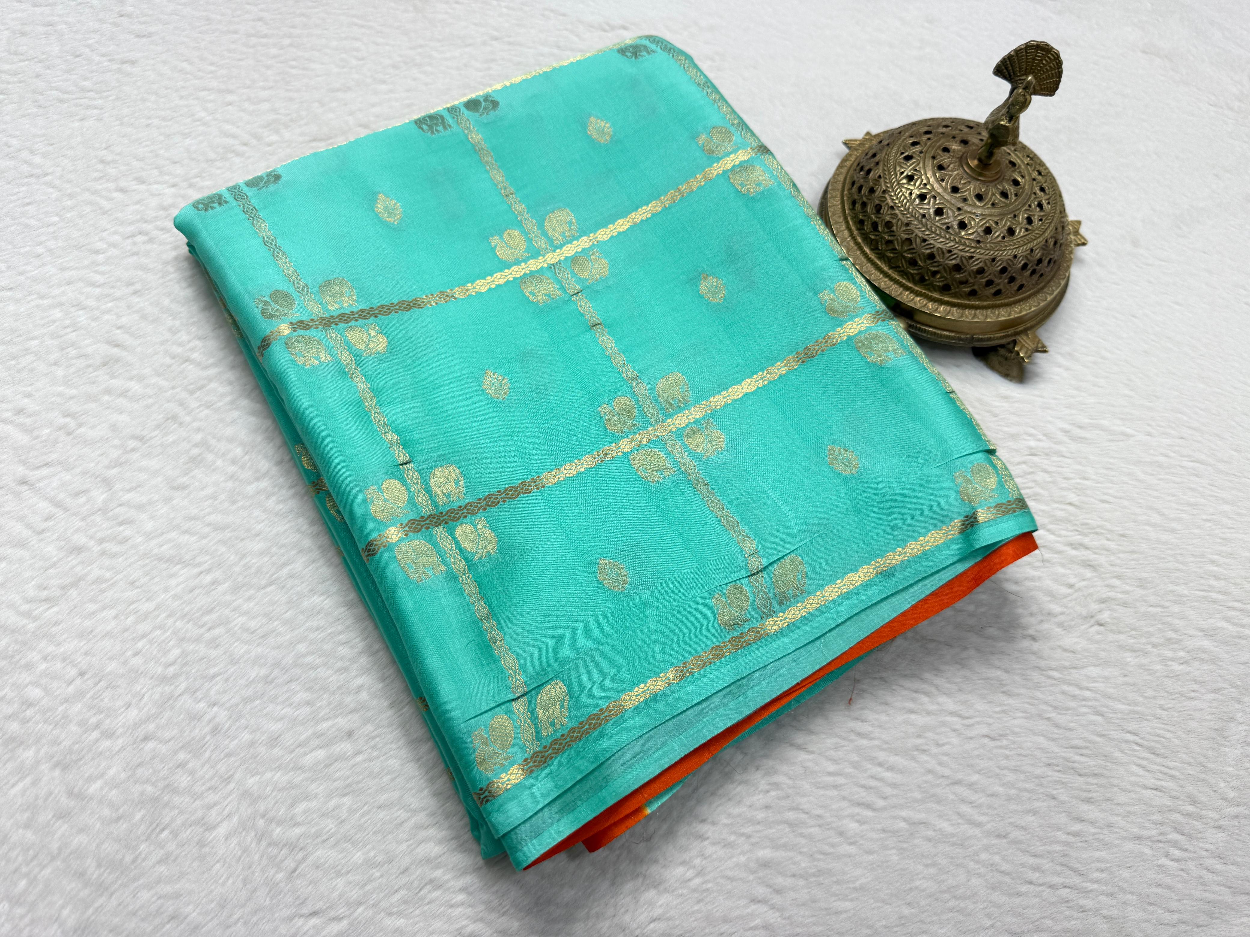 Exclusive Semi Crepe Silk Saree with Borderless Checks, Elephant & Peacock Buttas | Contrast Rich Pallu Saree