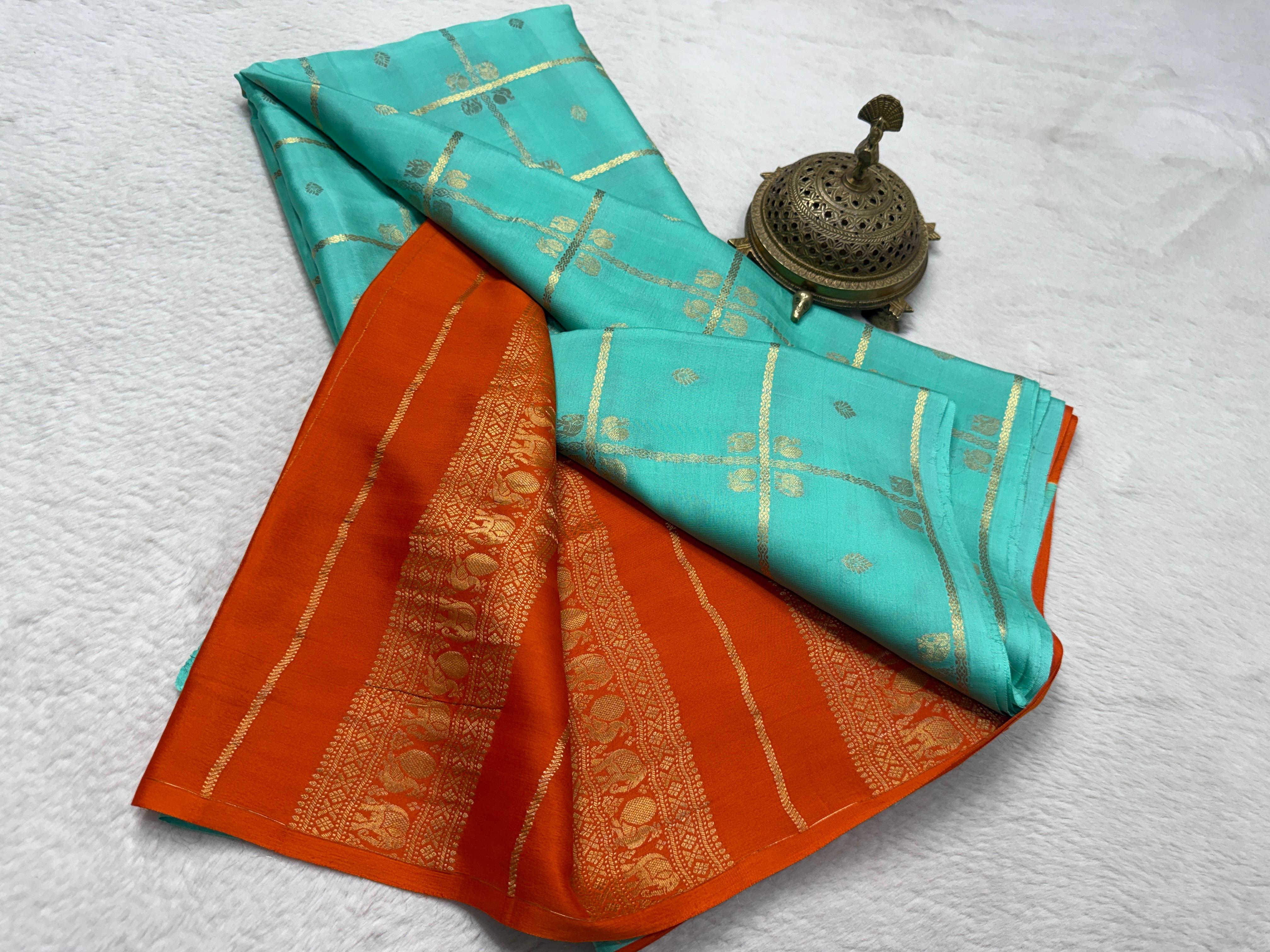 Exclusive Semi Crepe Silk Saree with Borderless Checks, Elephant & Peacock Buttas | Contrast Rich Pallu Saree