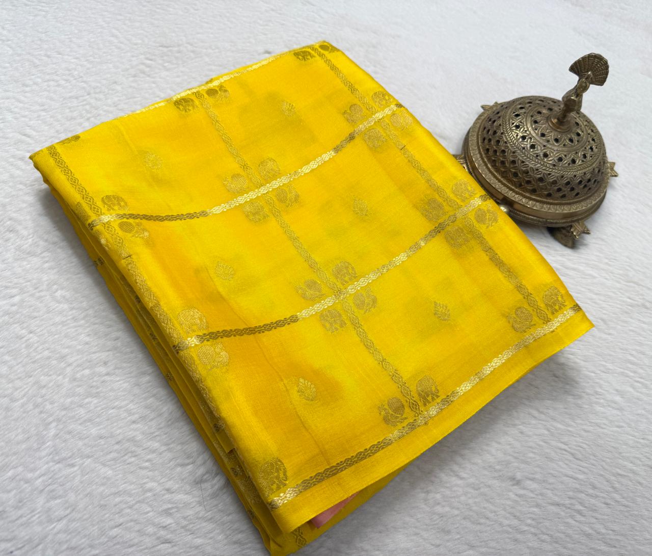 Exclusive Semi Crepe Silk Saree with Borderless Checks, Elephant & Peacock Buttas | Contrast Rich Pallu Saree