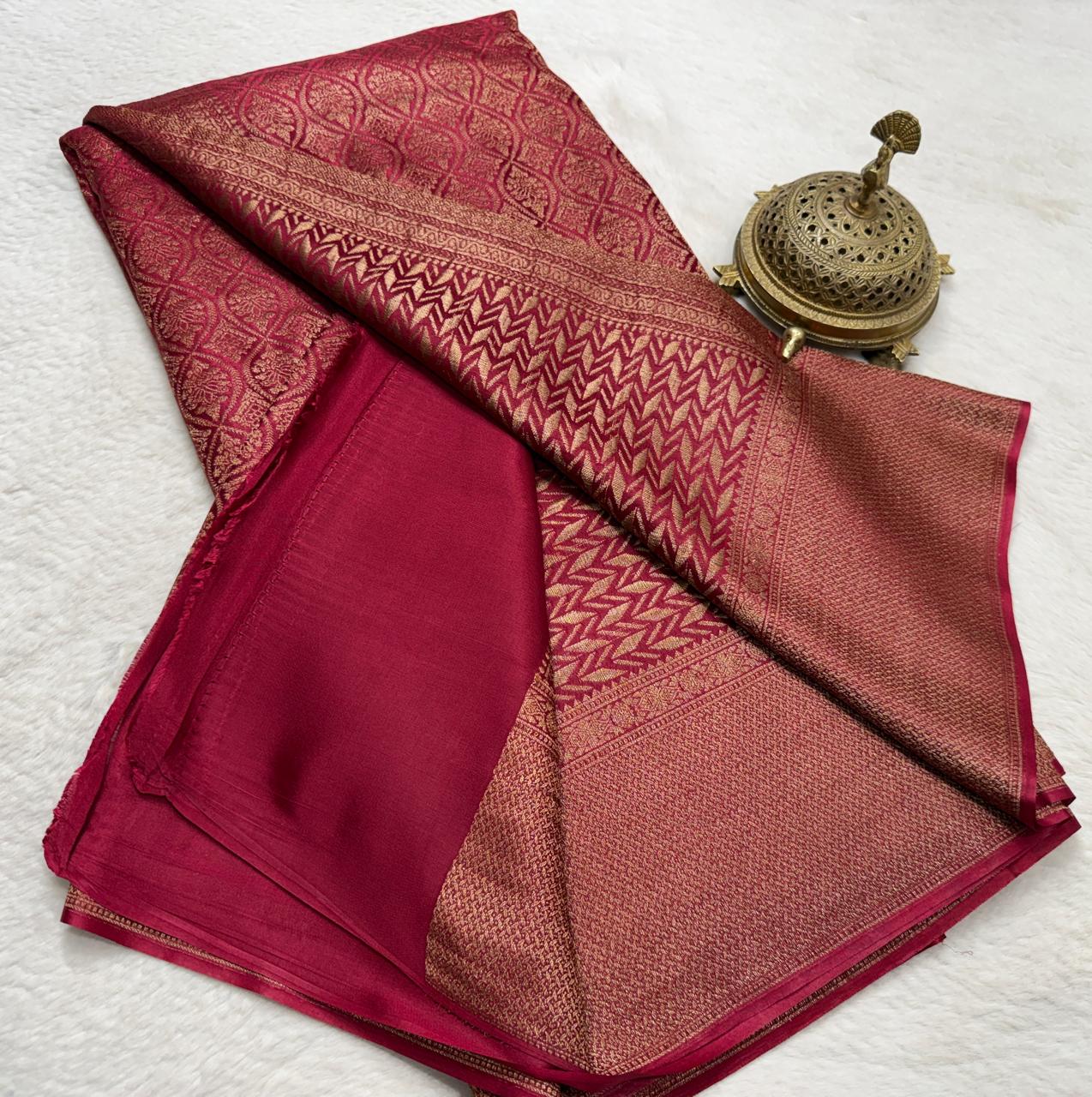 Rashmika Mandanna Inspired Crepe Brocade Mysore Silk Saree with Rich Pallu