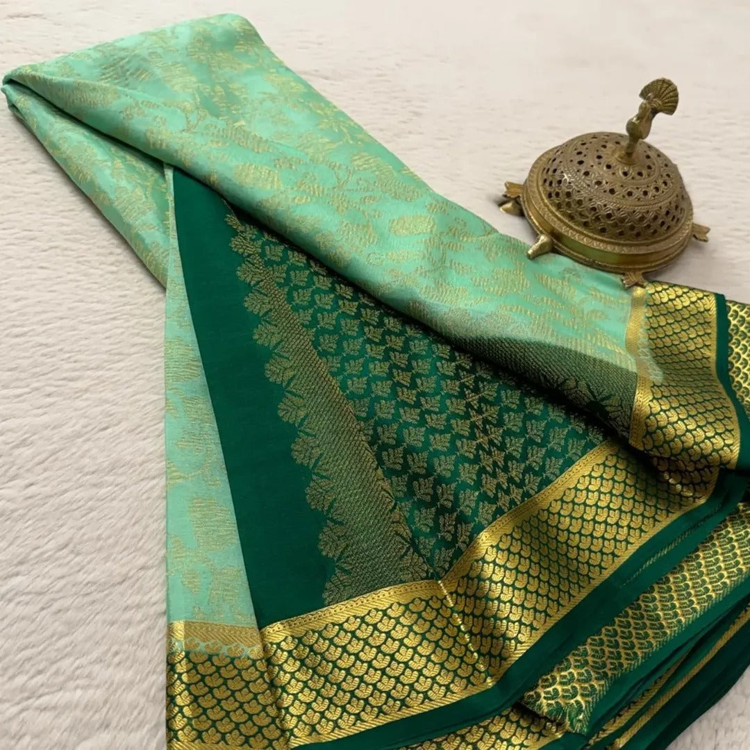 Rich Bridal Wear Crepe Silk Brocade Saree with Rich Border & Pallu