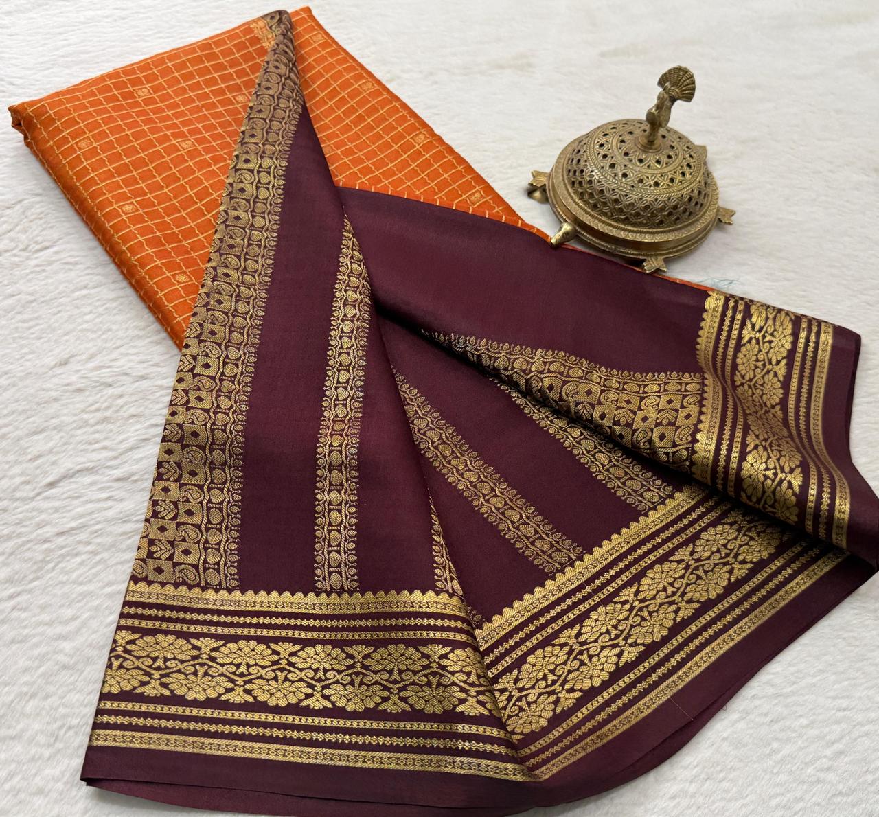 Crepe Brocket Silk Saree with Peacock Buttas | Rich Border & Pallu | Designer Saree Online