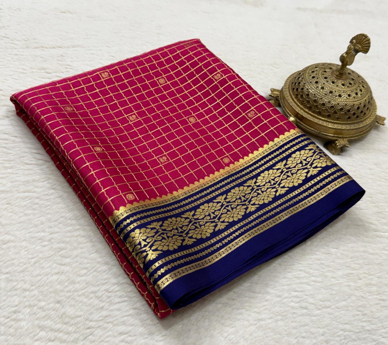 Crepe Brocket Silk Saree with Peacock Buttas | Rich Border & Pallu | Designer Saree Online