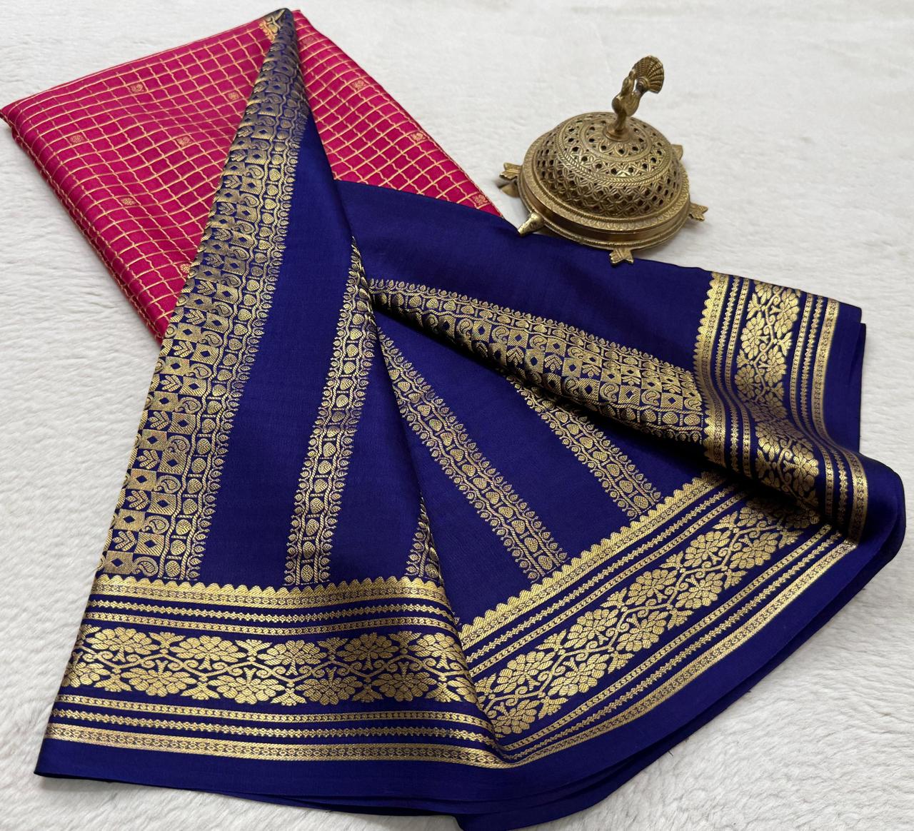 Crepe Brocket Silk Saree with Peacock Buttas | Rich Border & Pallu | Designer Saree Online