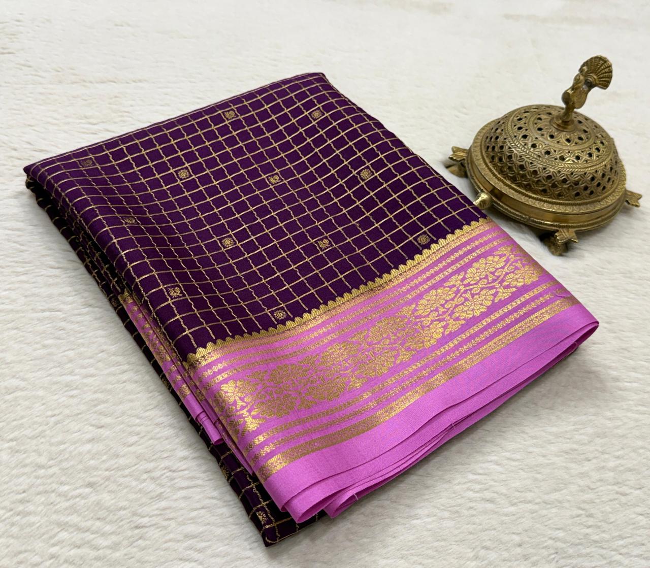 Crepe Brocket Silk Saree with Peacock Buttas | Rich Border & Pallu | Designer Saree Online