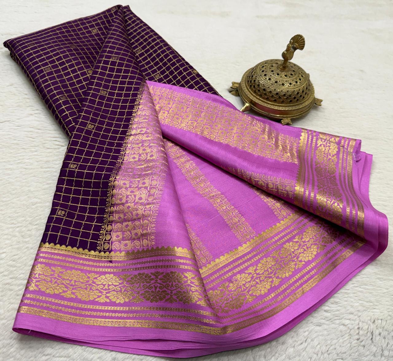 Crepe Brocket Silk Saree with Peacock Buttas | Rich Border & Pallu | Designer Saree Online