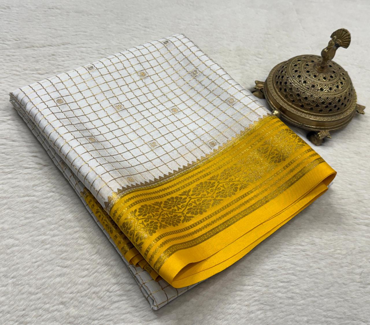 Crepe Brocket Silk Saree with Peacock Buttas | Rich Border & Pallu | Designer Saree Online