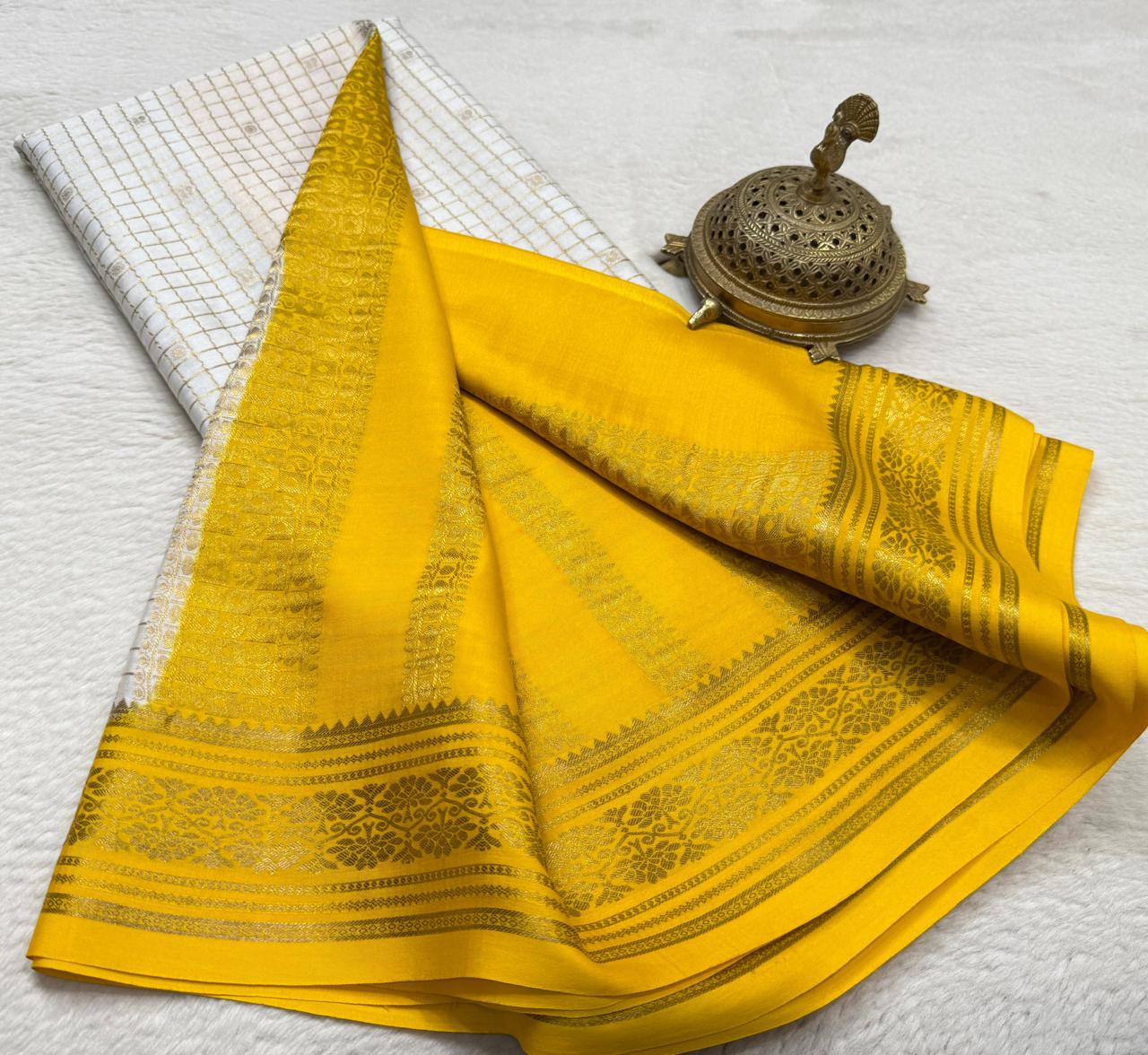 Crepe Brocket Silk Saree with Peacock Buttas | Rich Border & Pallu | Designer Saree Online