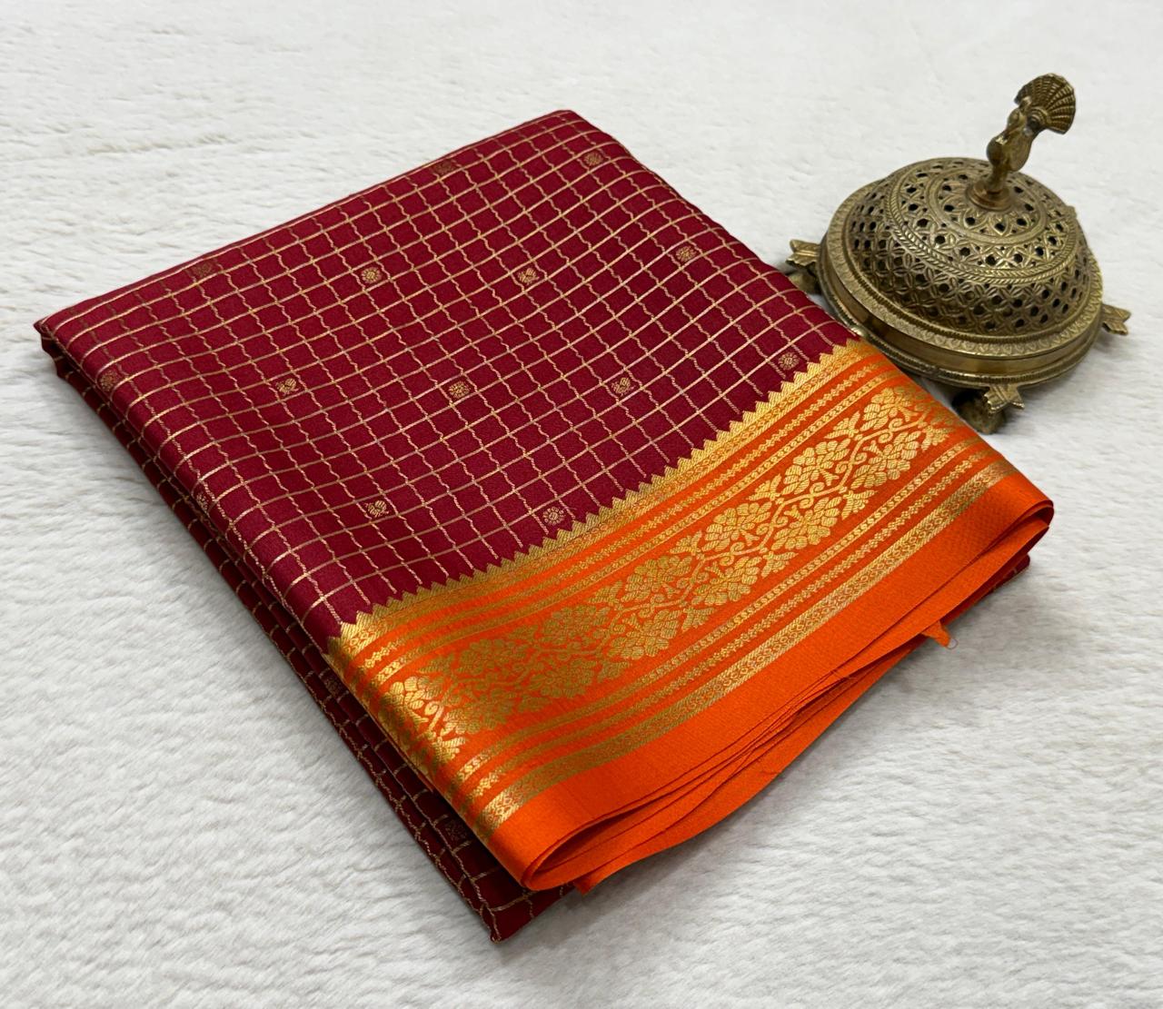 Crepe Brocket Silk Saree with Peacock Buttas | Rich Border & Pallu | Designer Saree Online
