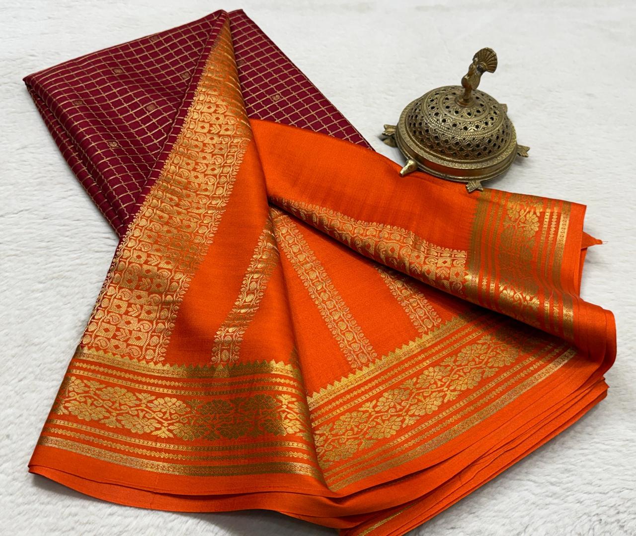 Crepe Brocket Silk Saree with Peacock Buttas | Rich Border & Pallu | Designer Saree Online