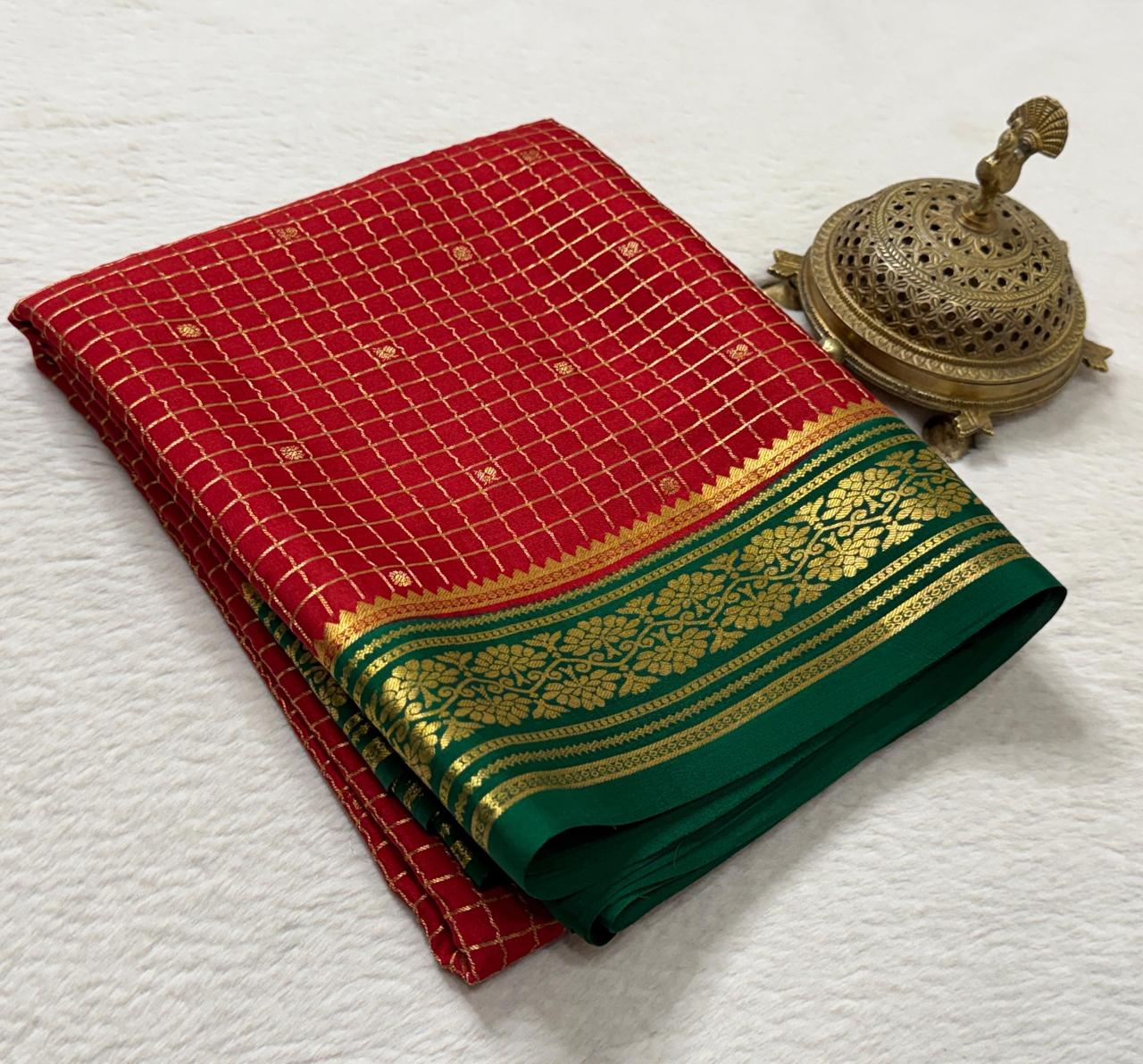 Crepe Brocket Silk Saree with Peacock Buttas | Rich Border & Pallu | Designer Saree Online
