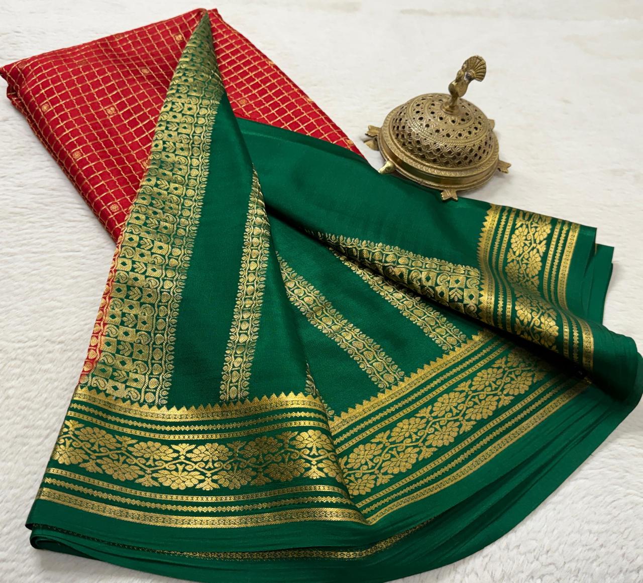 Crepe Brocket Silk Saree with Peacock Buttas | Rich Border & Pallu | Designer Saree Online