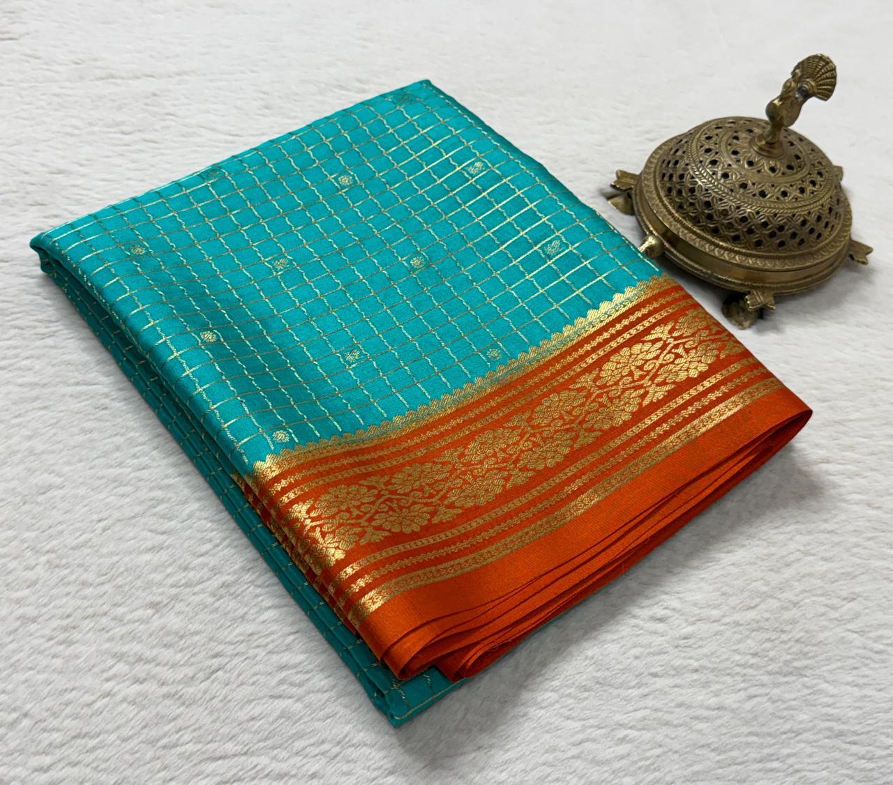 Crepe Brocket Silk Saree with Peacock Buttas | Rich Border & Pallu | Designer Saree Online