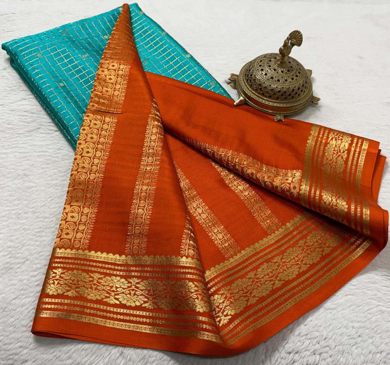 Crepe Brocket Silk Saree with Peacock Buttas | Rich Border & Pallu | Designer Saree Online