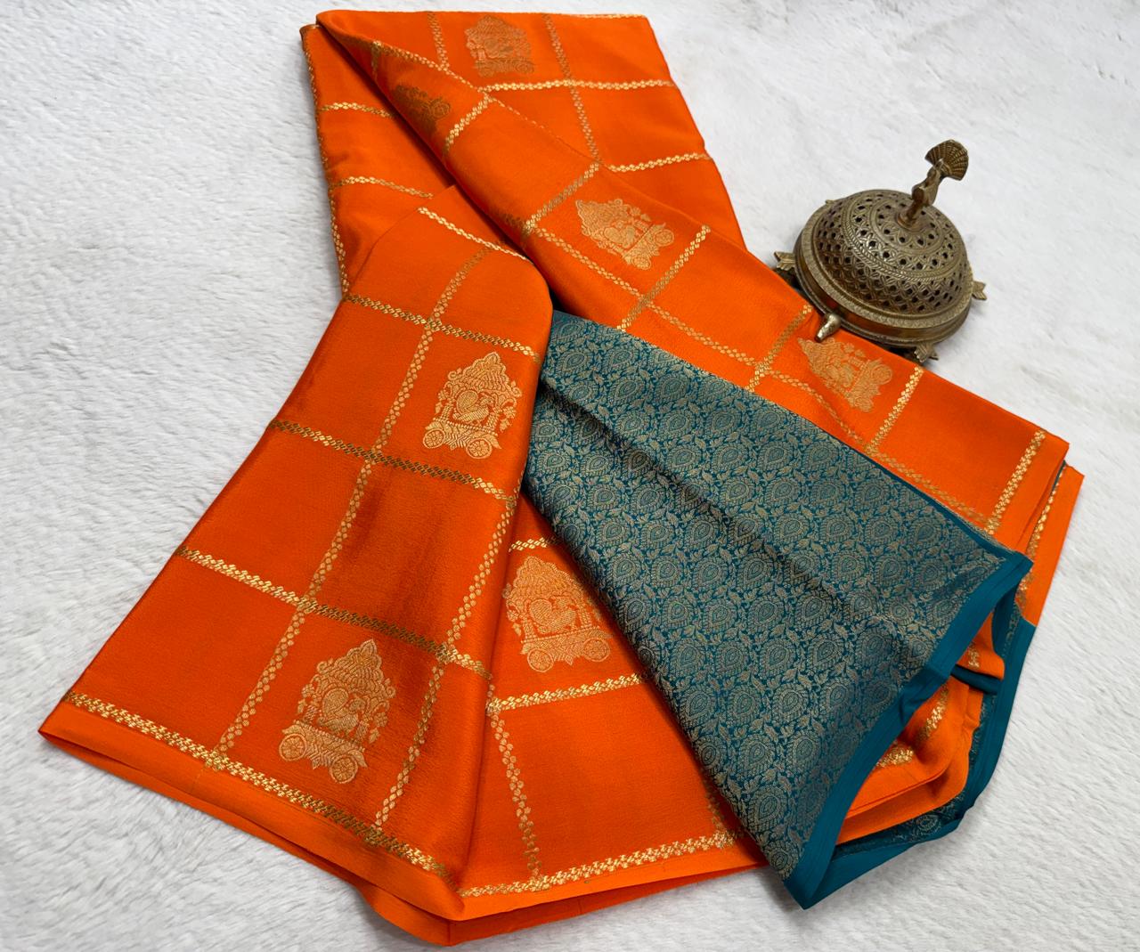 Premium Crepe Silk Saree with Rich Pallu & Peacock Chariot Motifs | 120 GSM Borderless Checks Designer Saree