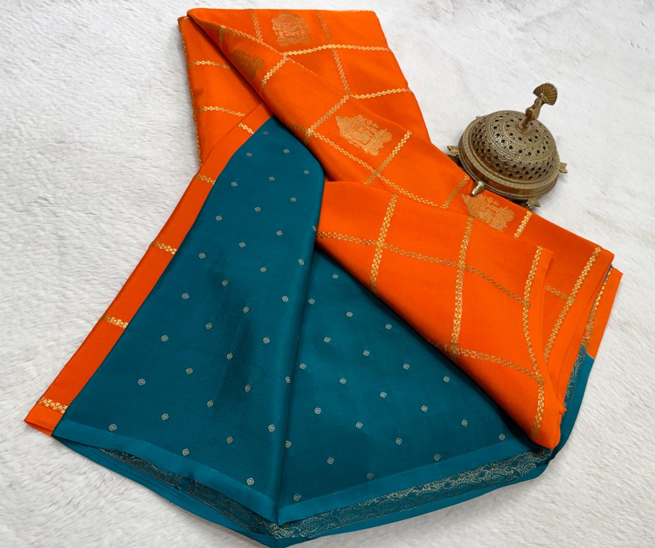 Premium Crepe Silk Saree with Rich Pallu & Peacock Chariot Motifs | 120 GSM Borderless Checks Designer Saree