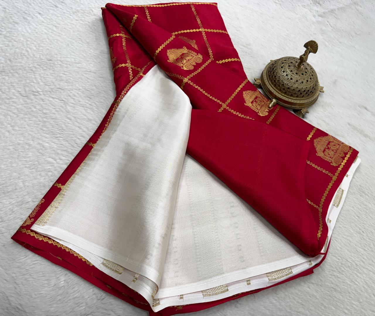 Premium Crepe Silk Saree with Rich Pallu & Peacock Chariot Motifs | 120 GSM Borderless Checks Designer Saree