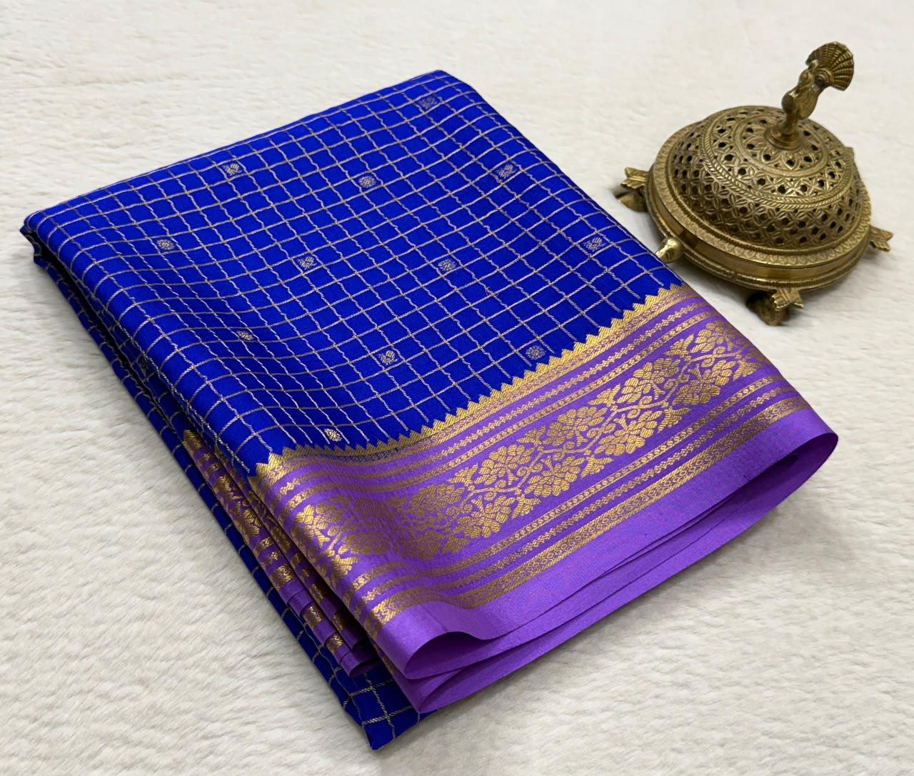 Exclusive Designer Crepe Silk Saree with Fine Checks, Peacock Chakra Buttas, Rich Border & Pallu