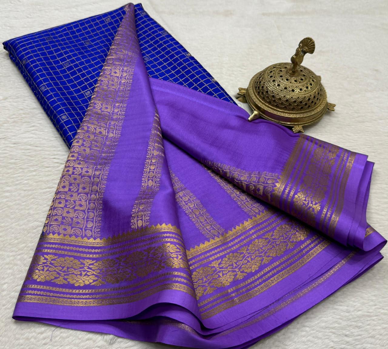 Exclusive Designer Crepe Silk Saree with Fine Checks, Peacock Chakra Buttas, Rich Border & Pallu
