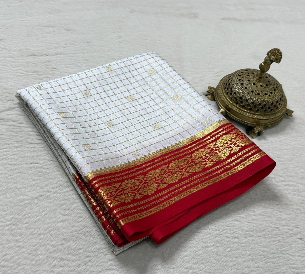 Exclusive Designer Crepe Silk Saree with Fine Checks, Peacock Chakra Buttas, Rich Border & Pallu