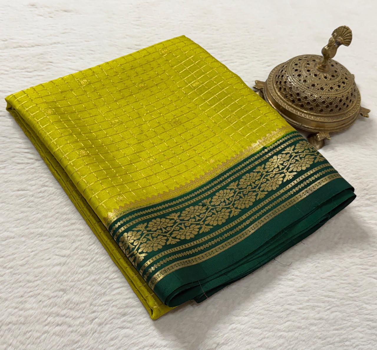 Exclusive Designer Crepe Silk Saree with Fine Checks, Peacock Chakra Buttas, Rich Border & Pallu