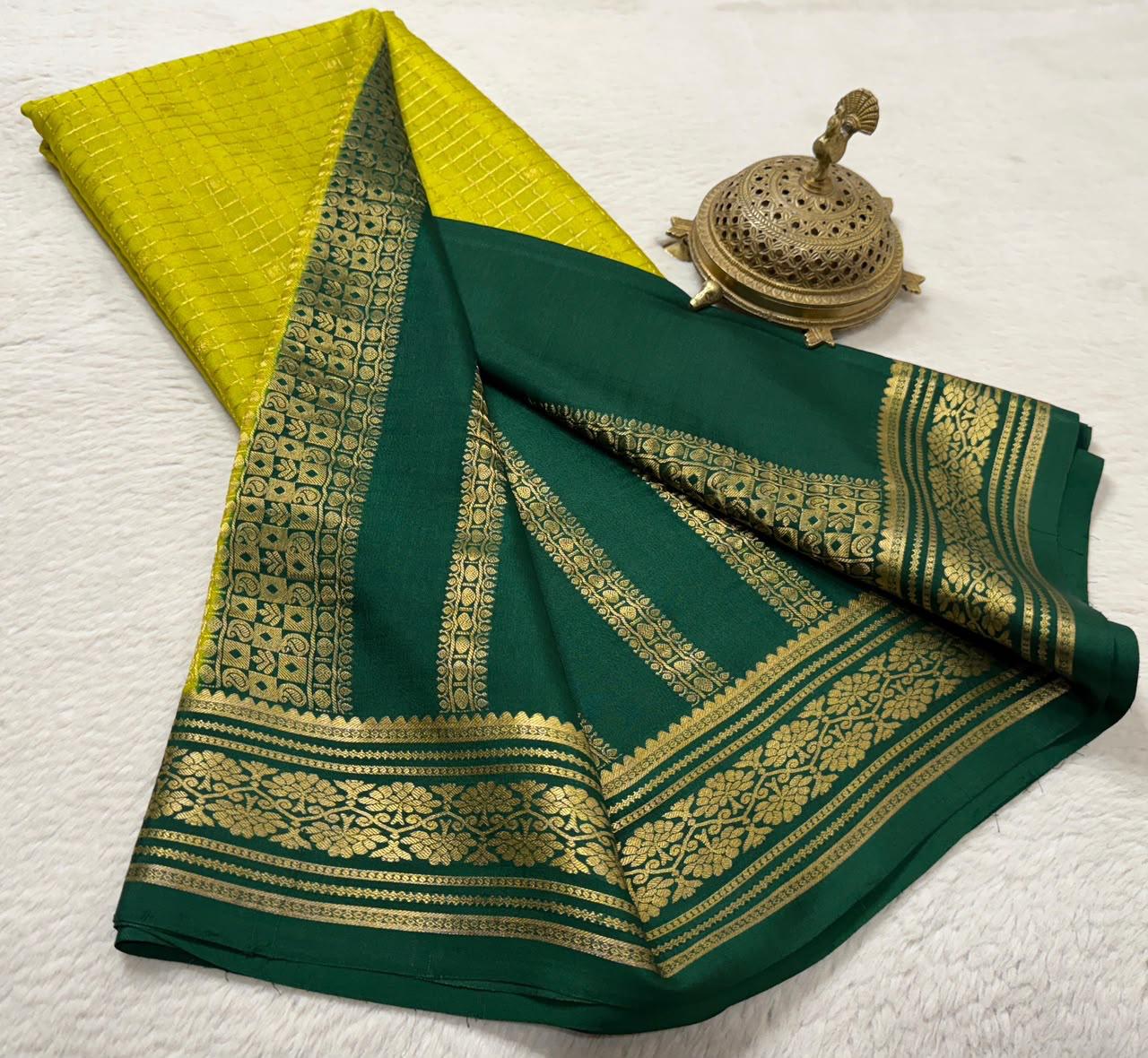 Exclusive Designer Crepe Silk Saree with Fine Checks, Peacock Chakra Buttas, Rich Border & Pallu