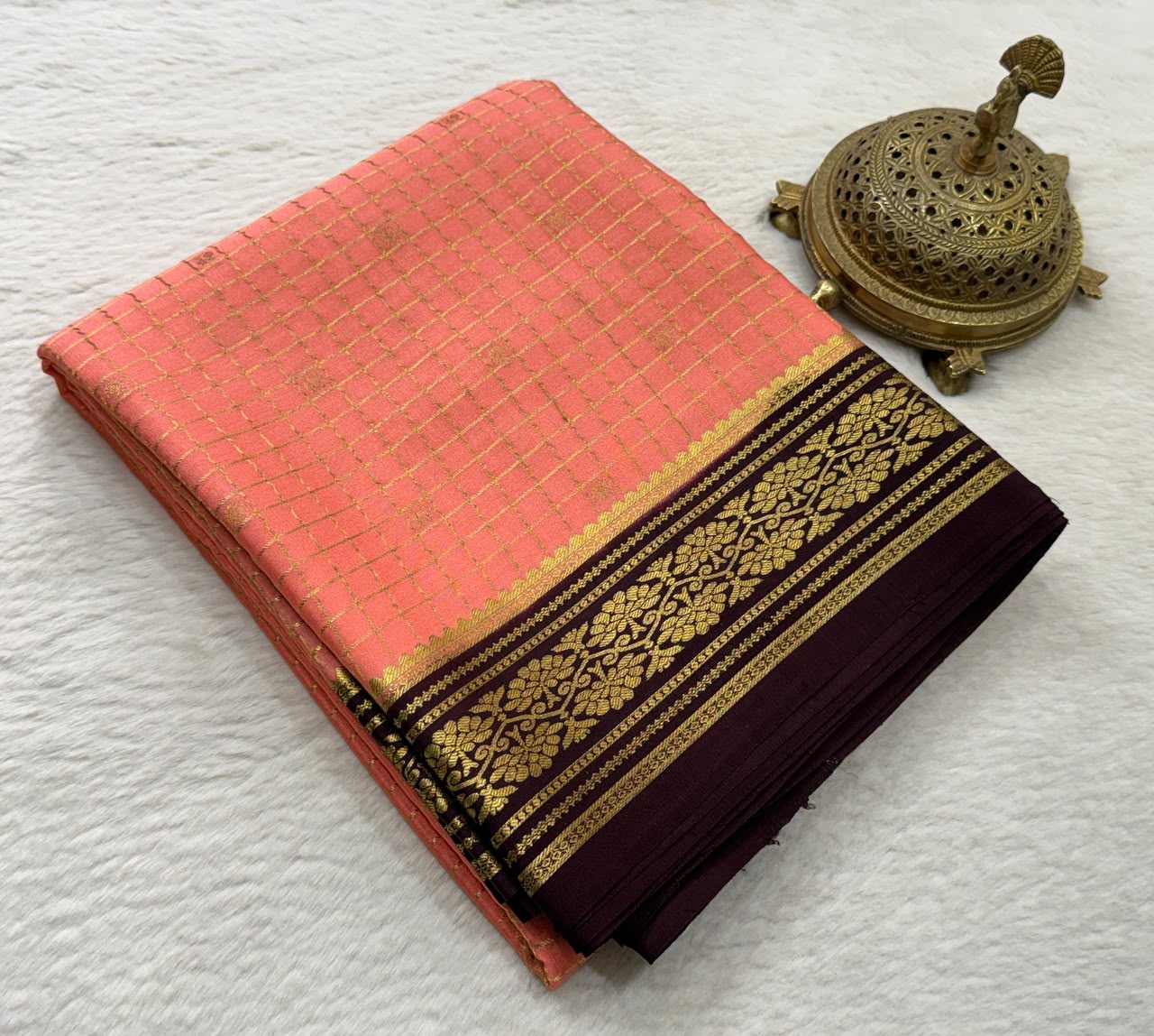 Exclusive Designer Crepe Silk Saree with Fine Checks, Peacock Chakra Buttas, Rich Border & Pallu