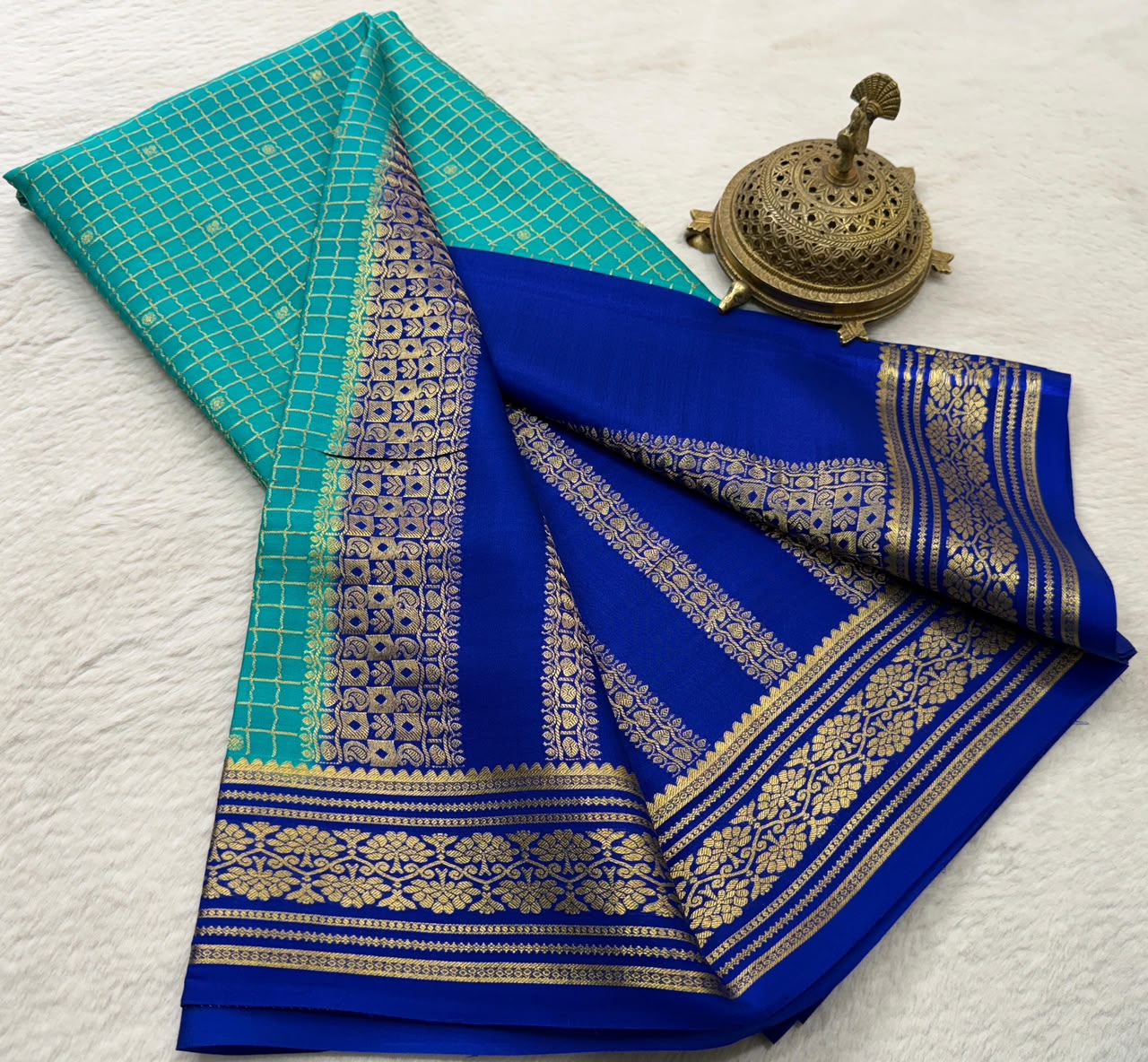 Exclusive Designer Crepe Silk Saree with Fine Checks, Peacock Chakra Buttas, Rich Border & Pallu