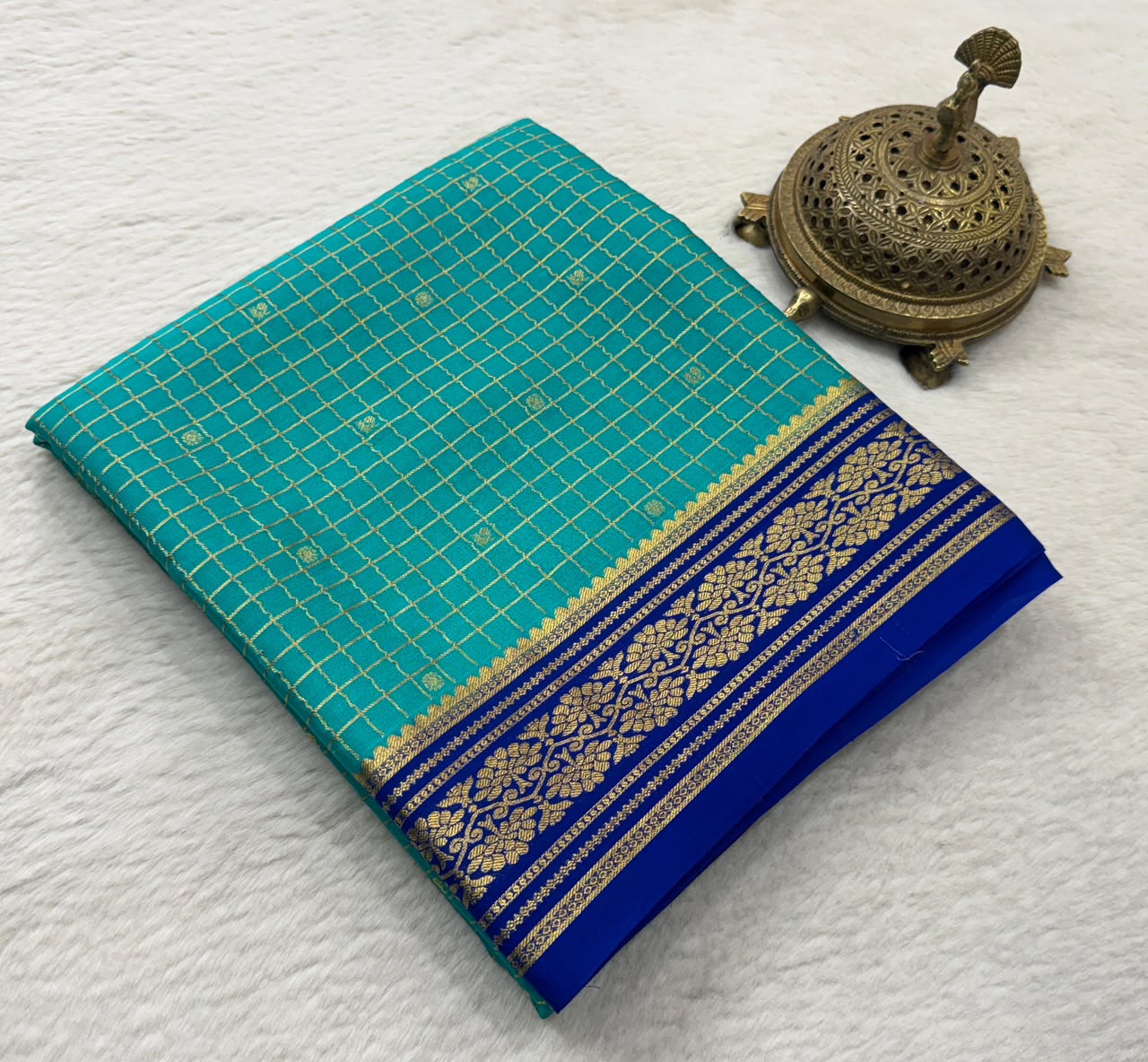 Exclusive Designer Crepe Silk Saree with Fine Checks, Peacock Chakra Buttas, Rich Border & Pallu