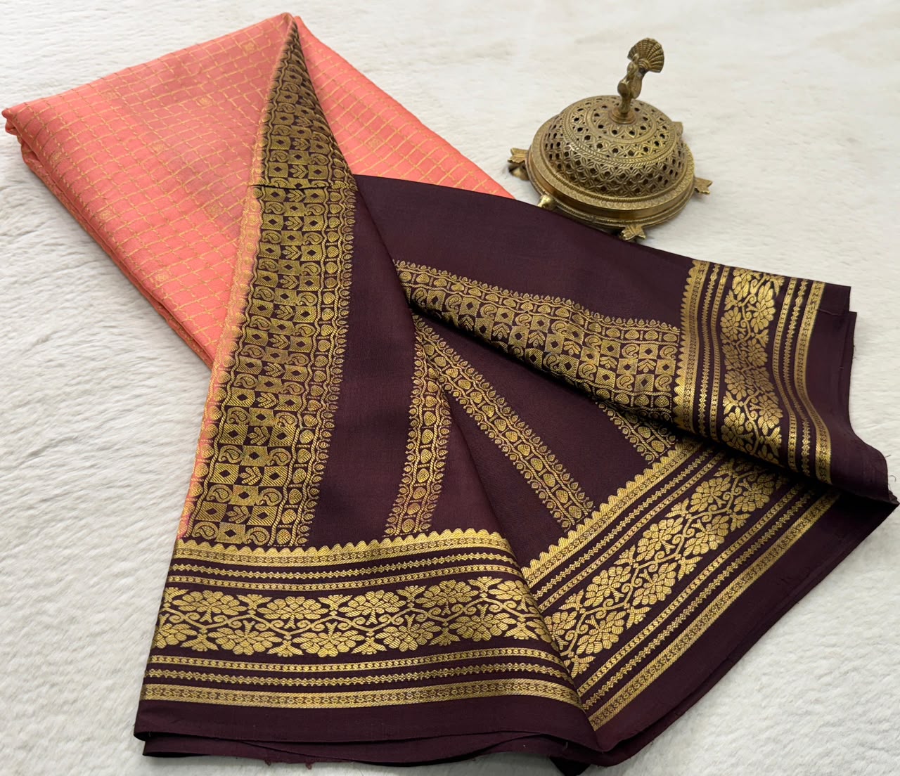 Exclusive Designer Crepe Silk Saree with Fine Checks, Peacock Chakra Buttas, Rich Border & Pallu