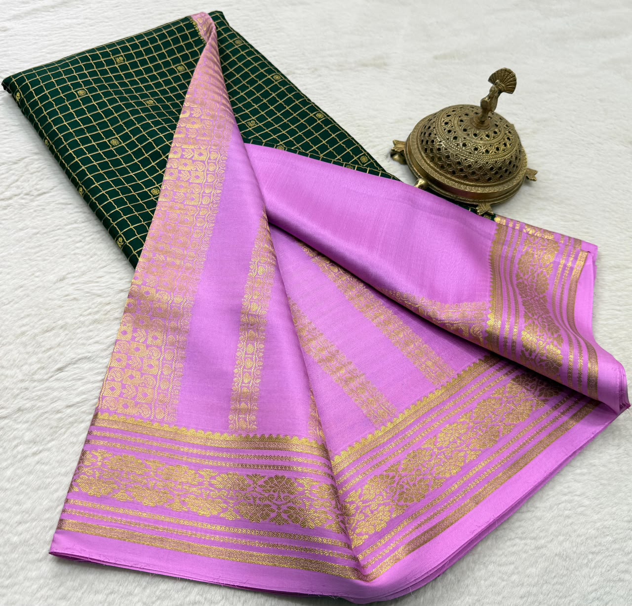 Exclusive Designer Crepe Silk Saree with Fine Checks, Peacock Chakra Buttas, Rich Border & Pallu