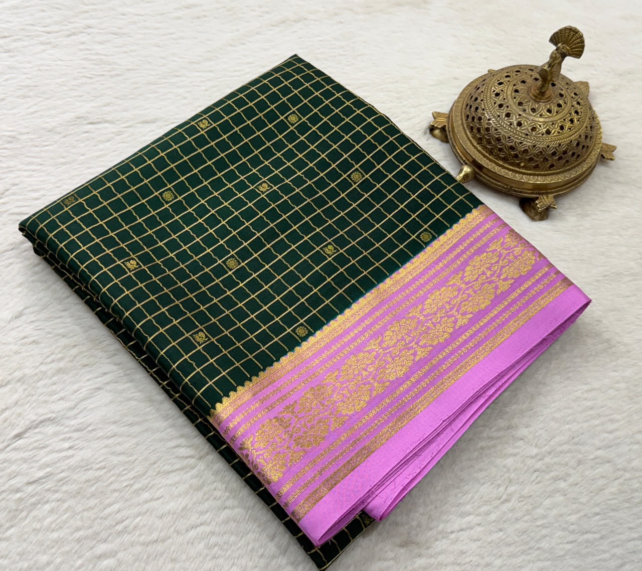 Exclusive Designer Crepe Silk Saree with Fine Checks, Peacock Chakra Buttas, Rich Border & Pallu