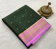 Exclusive Designer Crepe Silk Saree with Fine Checks, Peacock Chakra Buttas, Rich Border & Pallu