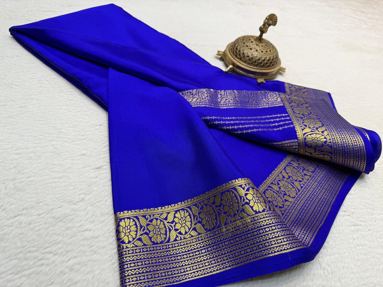 Pure Crepe Silk Saree with Floral Lines Border & Rich Pallu | Silk Mark Certified