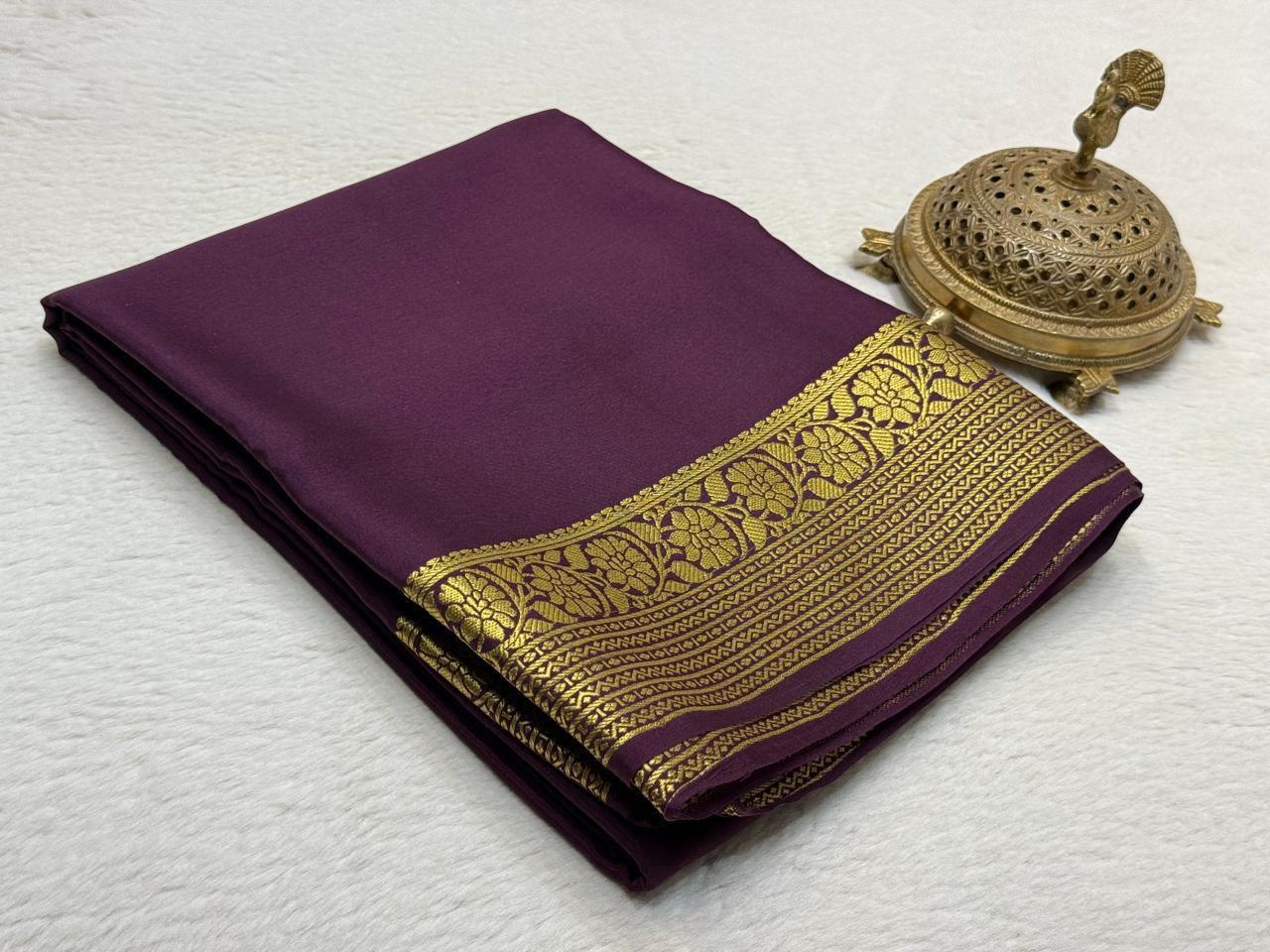 Pure Crepe Silk Saree with Floral Lines Border & Rich Pallu | Silk Mark Certified