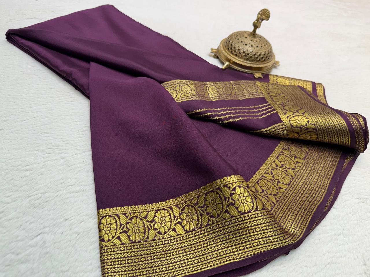Pure Crepe Silk Saree with Floral Lines Border & Rich Pallu | Silk Mark Certified