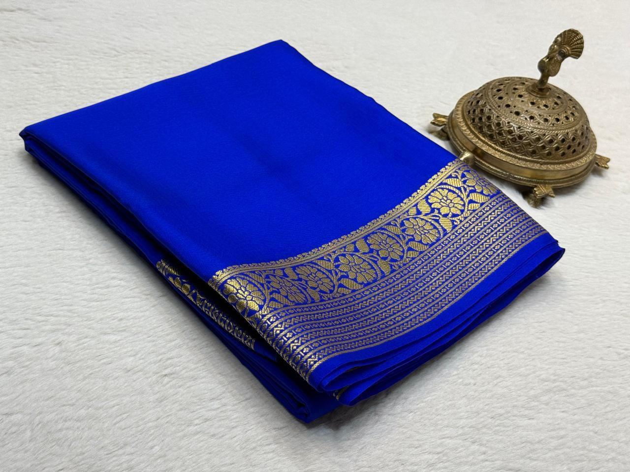 Pure Crepe Silk Saree with Floral Lines Border & Rich Pallu | Silk Mark Certified