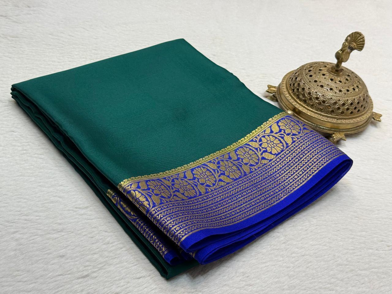 Pure Crepe Silk Saree with Floral Lines Border & Rich Pallu | Silk Mark Certified