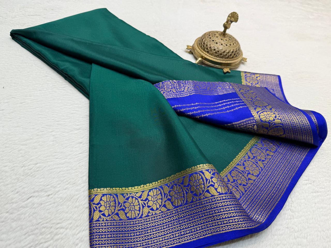 Pure Crepe Silk Saree with Floral Lines Border & Rich Pallu | Silk Mark Certified