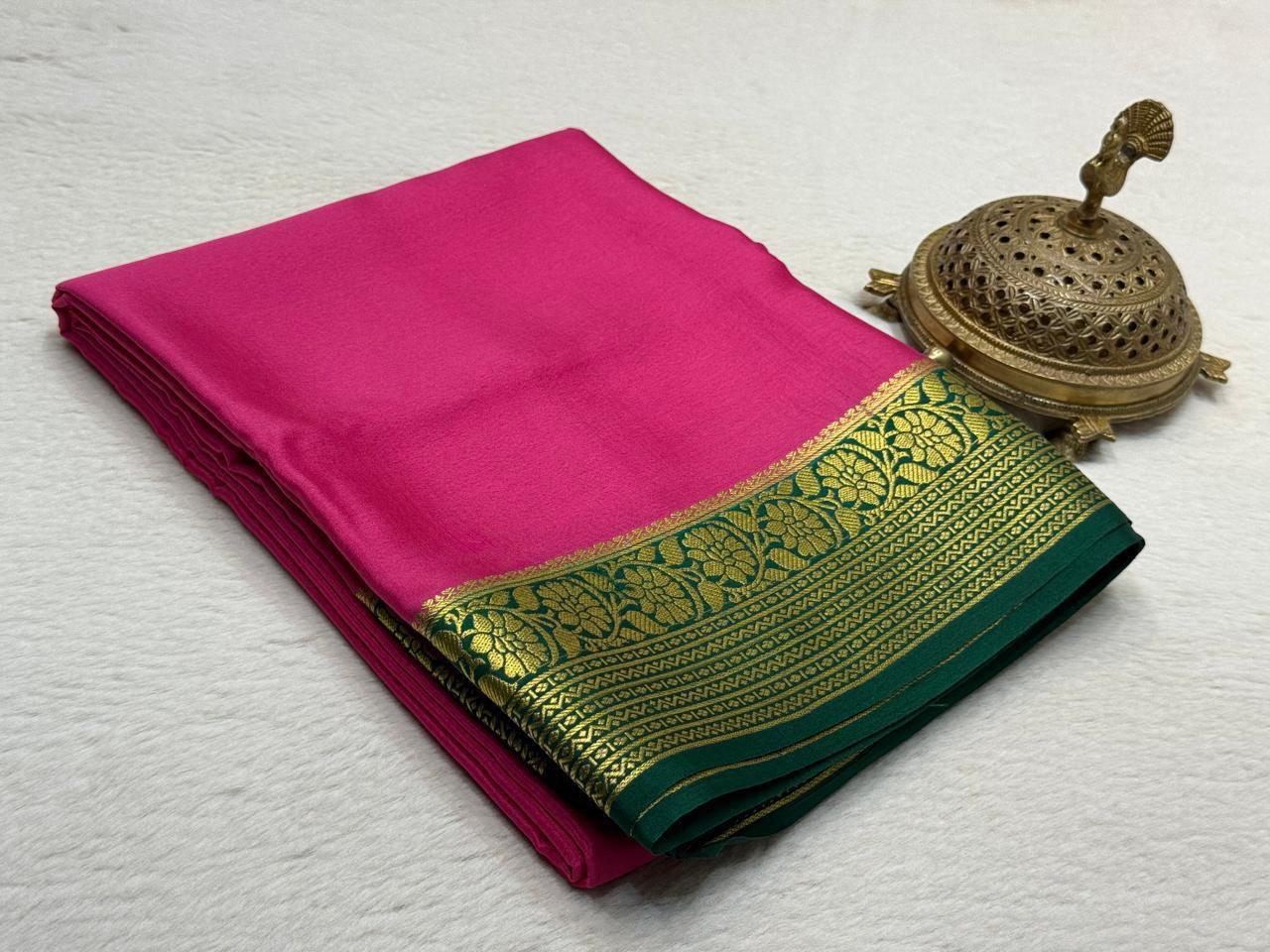 Pure Crepe Silk Saree with Floral Lines Border & Rich Pallu | Silk Mark Certified