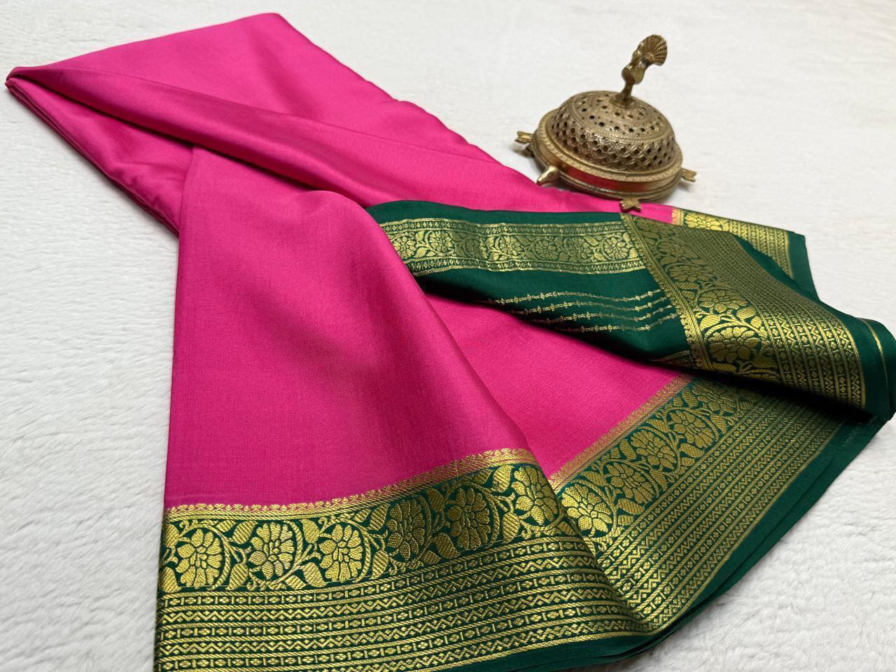 Pure Crepe Silk Saree with Floral Lines Border & Rich Pallu | Silk Mark Certified