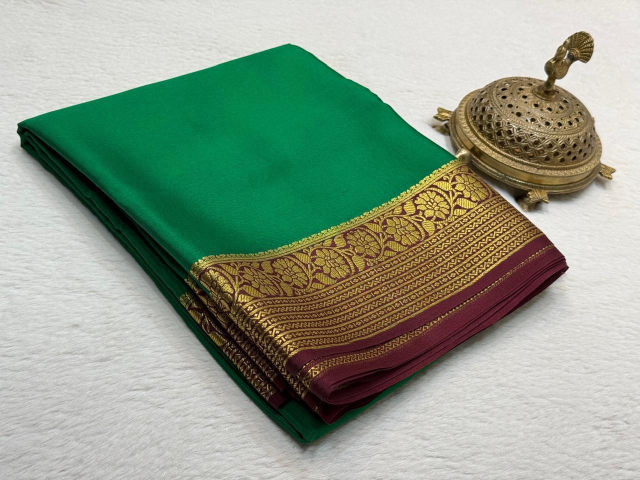 Pure Crepe Silk Saree with Floral Lines Border & Rich Pallu | Silk Mark Certified