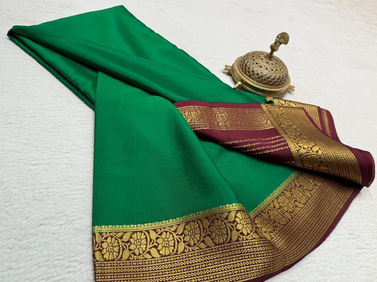 Pure Crepe Silk Saree with Floral Lines Border & Rich Pallu | Silk Mark Certified