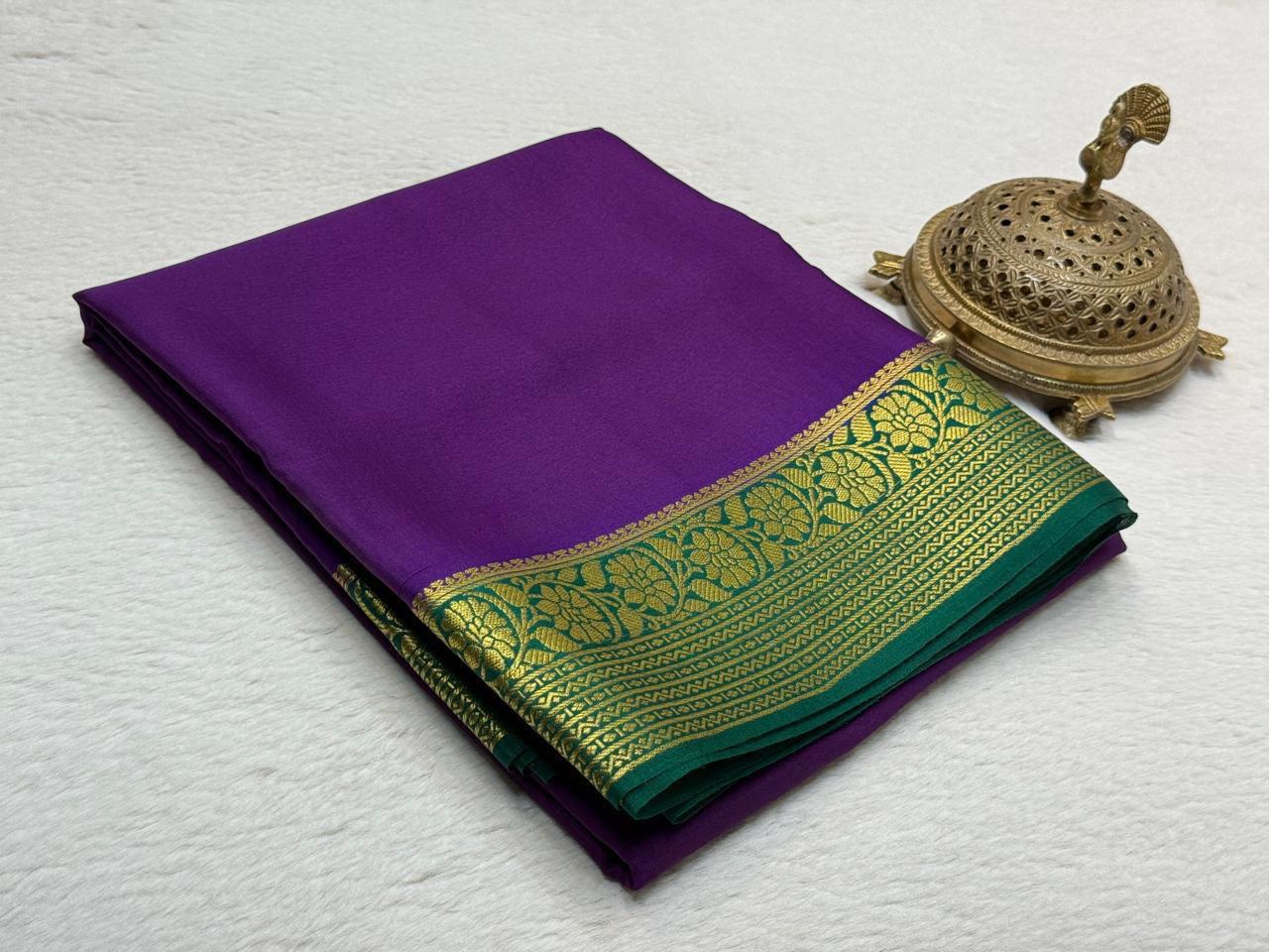 Pure Crepe Silk Saree with Floral Lines Border & Rich Pallu | Silk Mark Certified