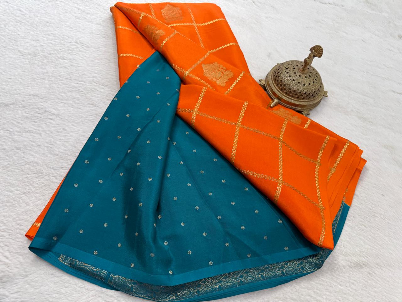 Pure Crepe Silk Saree with Borderless Checks, Chariot & Peacock Motifs | Rich Pallu